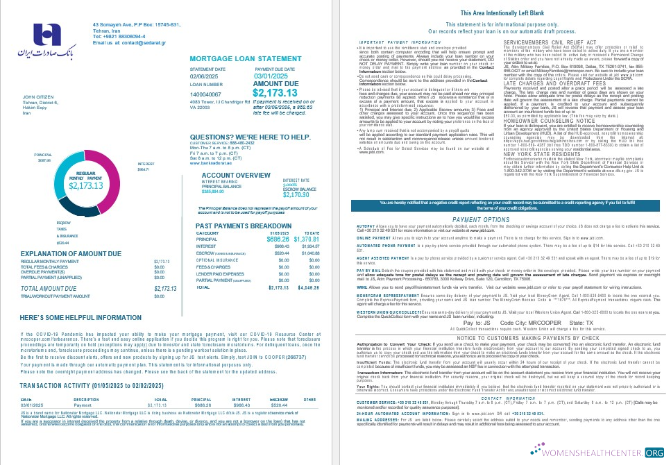 Download Iran Bank Sederat mortgage statement in Word and PDF formats 1 2 Photoshop template